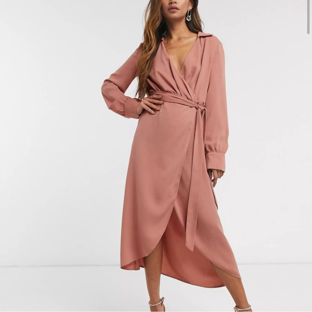 ASOS DESIGN collared wrap midi dress with tie belt in terracotta